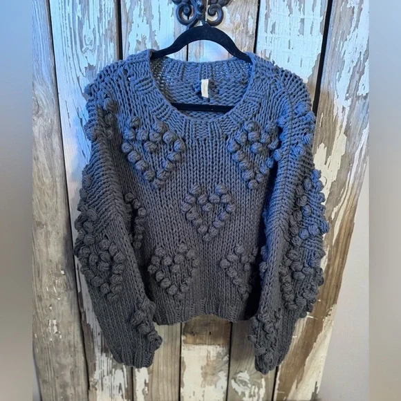 Wishlist Heart sweater S/M dark gray Valentines Day knit Pom Pom Sweater - Picture 3 of 16